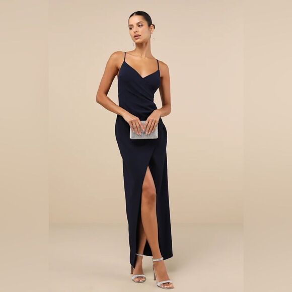 Lulus NWT Sweetest Admirer Navy Blue Ruched Surplice Maxi Dress size Small - Picture 1 of 5